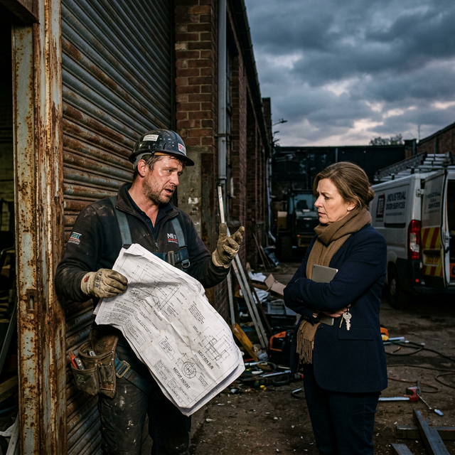 Instalador agotado explicando plano